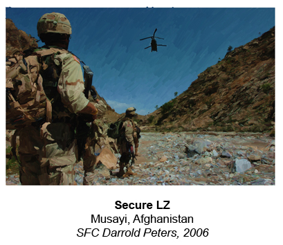 Secure LZ. Musayi, Afghanistan.  By SFC Darrold Peters, 2006.