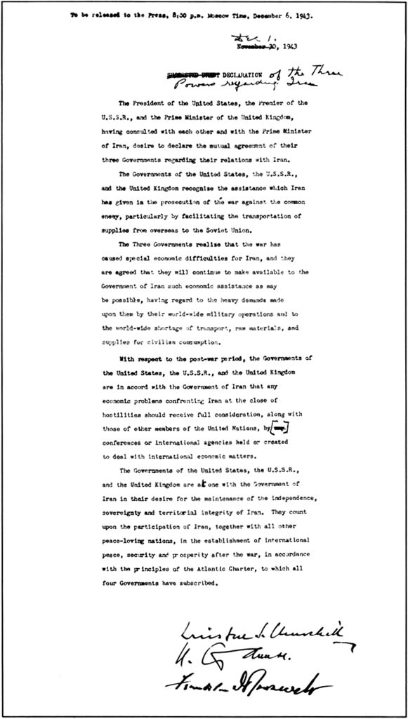 Photo:  DECLARATION OF THE THREE POWERS REGARDING IRAN For text see page 444.
