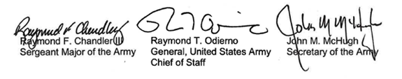 Signatures from the Sergeant Major of the Army, Secretary of the Army and, General, United States Army Chief of Staff