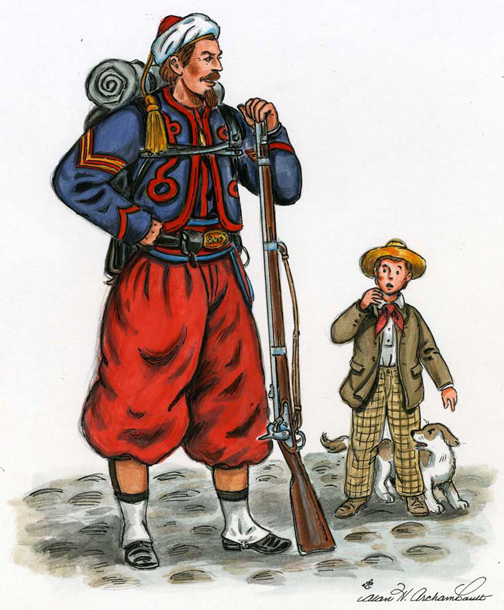 Image: According to the artist, Alan Archambault, Director of the Fort Lewis Military Museum, children in Annapolis, MD, were afraid of the Yankee Zouaves who were posted to that city during the Civil War.  The uniforms were pretty outlandish by today's standards.  Zouave troops were considered elite, and often cultivated French style facial hair.
