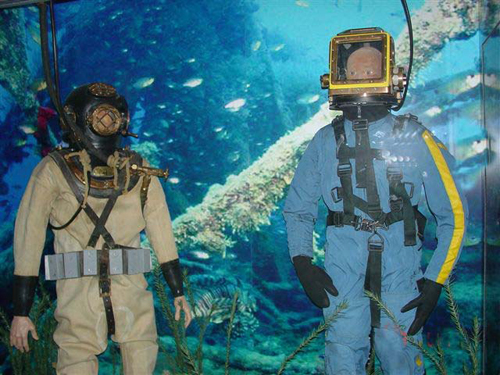 Photo: Two mannequins wearing the shallow water gear, right, and the deep water gear, left. Photographs courtesy of Marc Sammis.