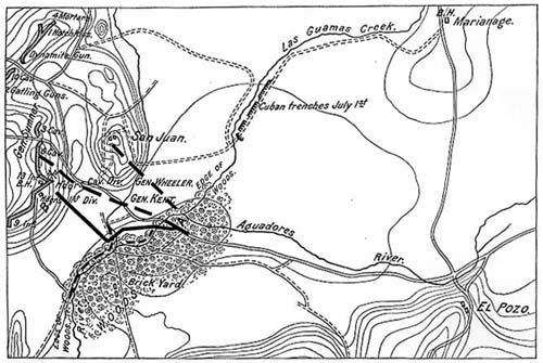 Map showing roughly the 
	course of Troop	D, 10th Cavalry on July 1, 1898