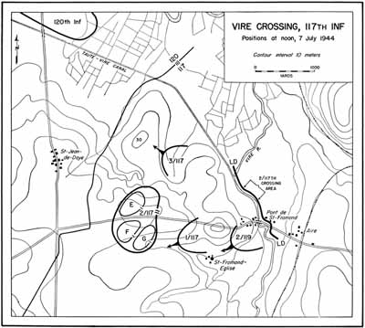 Map 2: Vire Crossing, 117th Inf Positions at noon, 7 July 1944