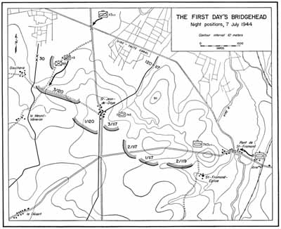 Map 3 The First Day's Bridgehead Night positions, 7 July 1944