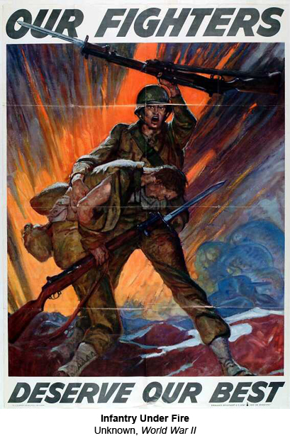 Infantry Under Fire.  Artist Unknown, World War II.