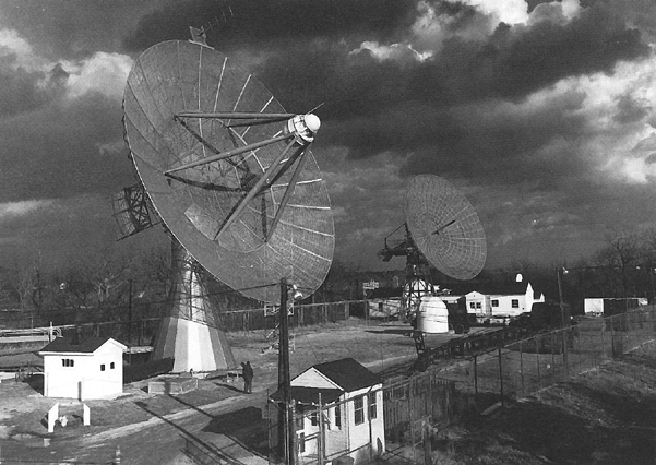 Photo:  The Signal Corps Engineering Laboratory's astrophysics observatory at Camp Evans, New Jersey, 1959.  The parabolic antennas tracked the earliest U.S. and Soviet satellites