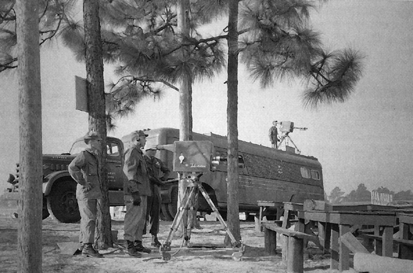 Photo:  Cameras and transmitting van of the Signal Corps mobile television section