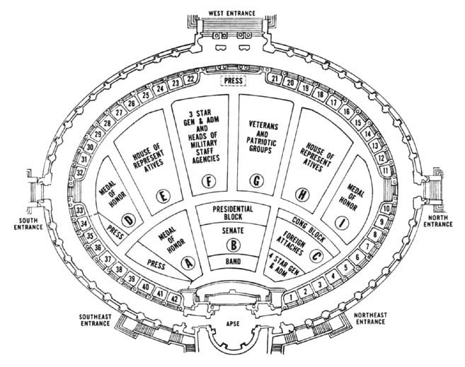 Diagram 27. Memorial Amphitheater seating plan. Click on image to view larger scale diagram.