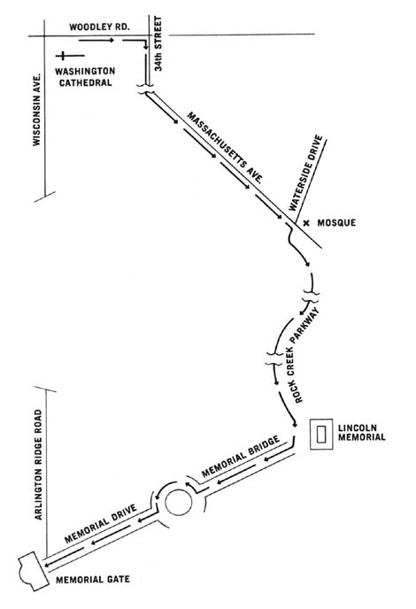 Diagram 31. Route of march, Washington National Cathedral to Arlington National Cemetery.  Click on image to view larger scale of diagram.