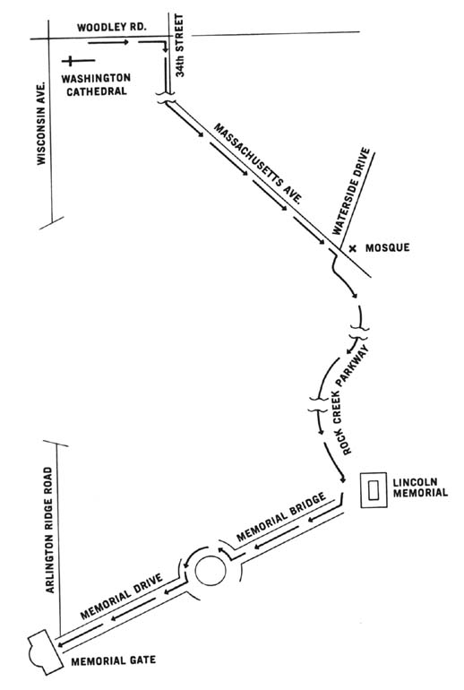 Diagram 35. Route of march, Washington National Cathedral to Arlington National Cemetery.