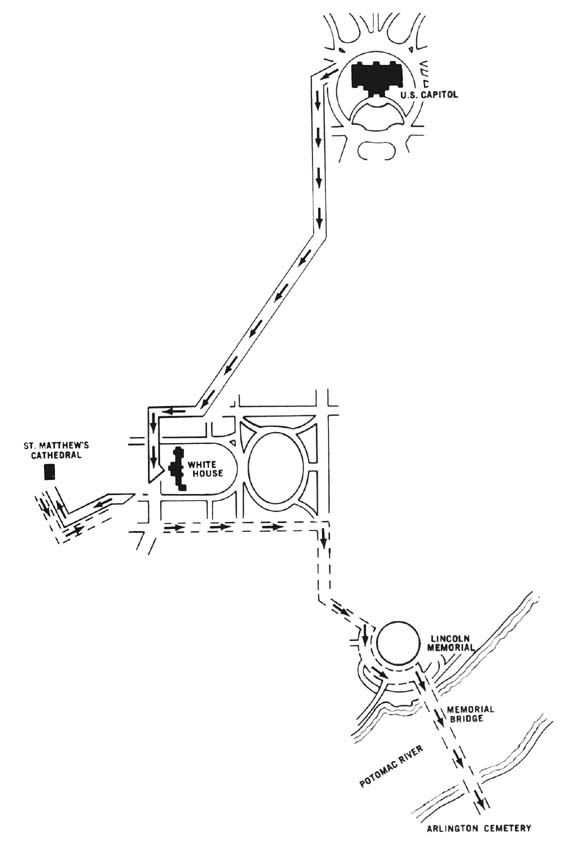 Diagram 57. Route of March, Capitol to St. Matthew's Cathedral; Cathedral to Arlington National Cemetery.  Click on image to view larger scale diagram.