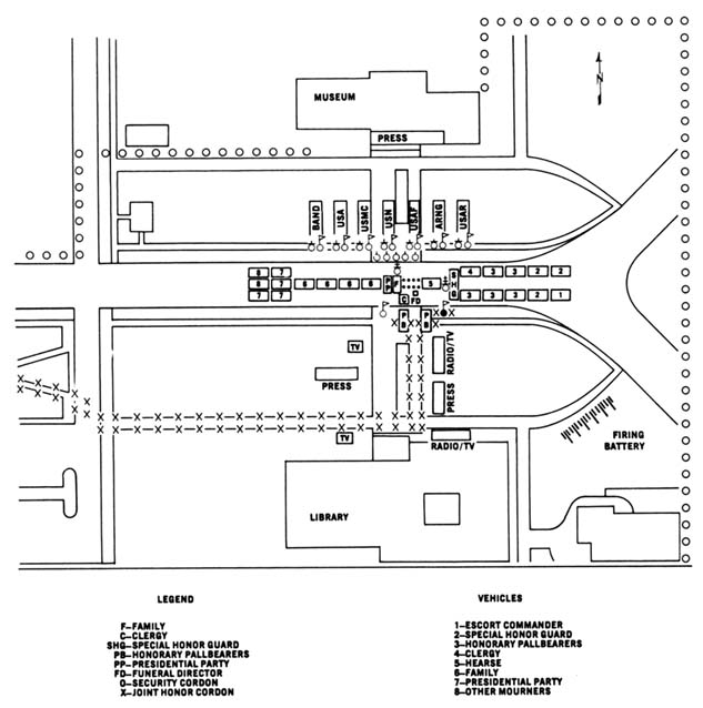 Diagram 132. Formation, arrival ceremony, Eisenhower Library, Abilene.   Click on image to view larger scale diagram.