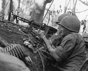 Soldiers laying down covering fire with M60.