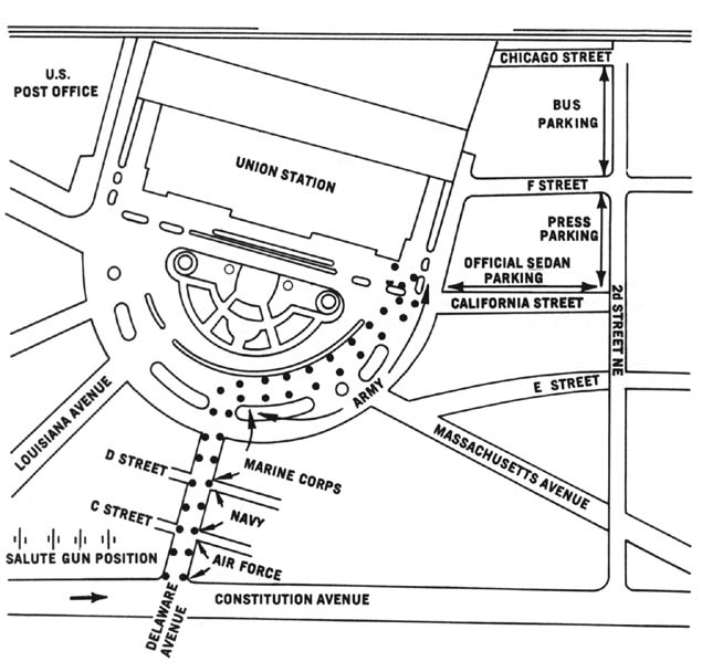 Diagram 127. Positions of street honor cordon and saluting battery, Union Station. 