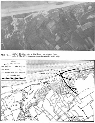 Map 5  (Below) The Penetration at Fox Green. Aerial photo (above), taken 31 May  1944, shows approximately same area as the map.