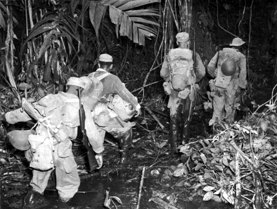 Photo: 25TH RCT MEN KNEE-DEEP IN MUD ON A TRAIL TO HILL 165, BOUGAINVILLE,
