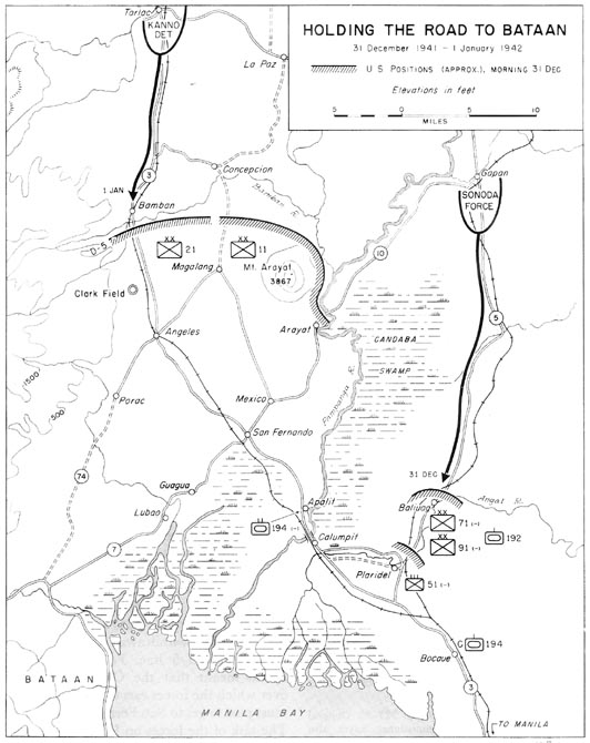 Map:  Holding the Road to Bataan, 31 December 1941-1 January 1942
