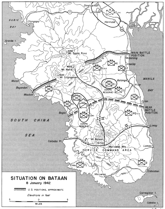 Map:  Situation on Bataan, 8 January 1942