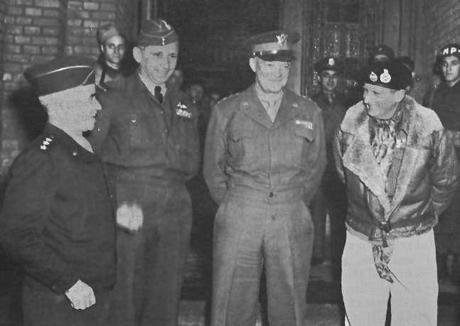 Photo:  General Bradley, Air Chief Marshal Tedder, General Eisenhower, and Field Marshal Montgomery (left to right), during the Maastricht meeting.