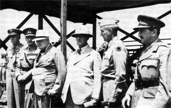 Photo - CHURCHILL AT PARACHUTE TROOP DEMONSTRATION, Fort Jackson, S. C., during his visit to Washington, June 1942. Left to right: General Marshall; Field Marshal Sir John Dill; Prime Minister Churchill; Secretary Stimson; Maj. Gen. R. L. Eichelberger, Commanding General, U. S. I Corps; General Sir Alan Brooke.