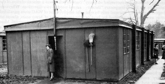 WAC HOUSING. Exterior, above, and interior, below, of two types of quarters furnished women at an air base in England.