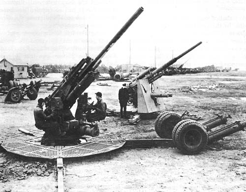 Photo:  The U.S 90-mm. and the German 88-mm. antiaircraft guns (left and right, respectively) at Aberdeen Proving Ground, 1943.