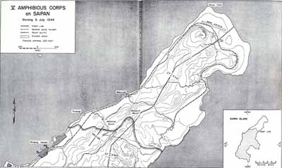 Map 1:  V Amphibious Corps on Saipan, morning 5 July 1944
