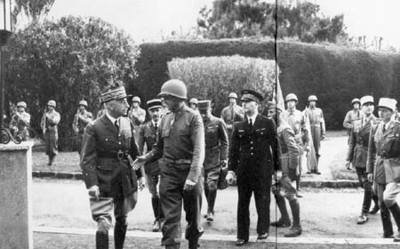 Arriving at Fedala to negotiate an armistice, 11 November 1942.  General Auguste Paul Nogues, left, is met by Col. Hobart R. Gay, representing General Patton.