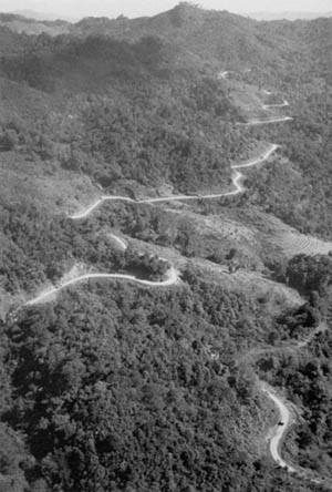 Aerial view of the first convoy to go from India to China over the re-opened Burma Road.