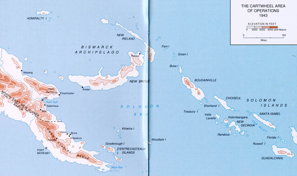 World War II Glossy Map of the Solomon Island Campaign-U.S & Japanese Positions 