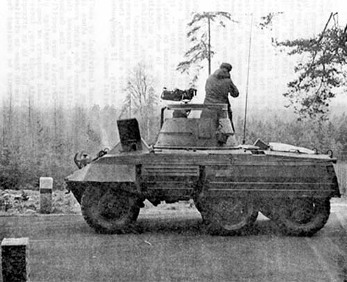 Photo: A "headquarters armored car" (M8) from the 15th Constabulary Squadron patrols along the border. October 1952.