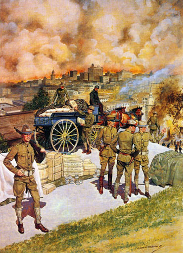 Painting:  "Thank God for the Soldiers", San Francisco Earthquake, 1906.  By H. Charles McBarron.