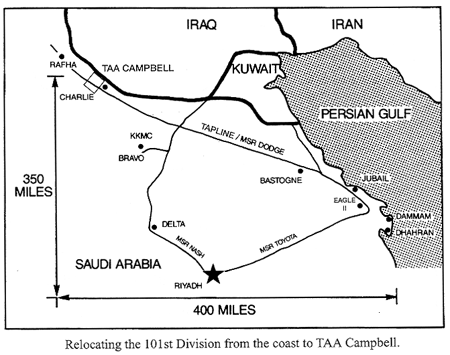 Map showing the relocation of the 101st Division from the coast to TAA Campbell