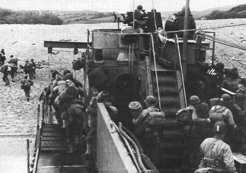 Photo:  Infantry troops leave LST during exercise FABIUS at Slapton Sands, April 1944
