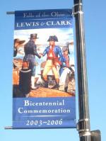 Photo: Close up of Logo showing Lewis and Clark greeting each other when the former landed at Louisville in October 1803.