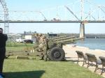 Photo: Salute battery preparatory to firing opening salvo at Waterfront Park as replica keelboat approaches reviewing stand with dignitaries. Note: Mayor of Louisville was the narrator, while Governor and Adjutant General of the KYARNG were in attendance, as was at least one congressman.