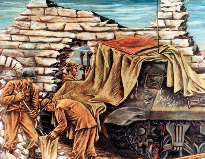 An Army artist drawing/painting of two men digging and another man standing next to an armored vehicle.