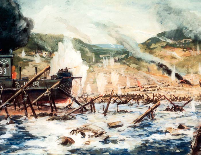 An Army artist's drawing/painting of Omaha Beach.