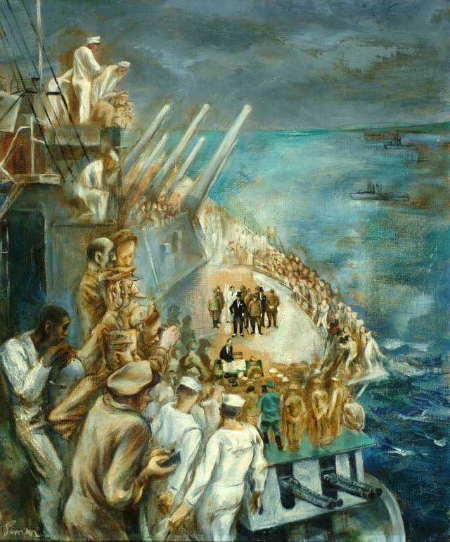 An Army artist's drawing/painting of a crowded deck of a ship.