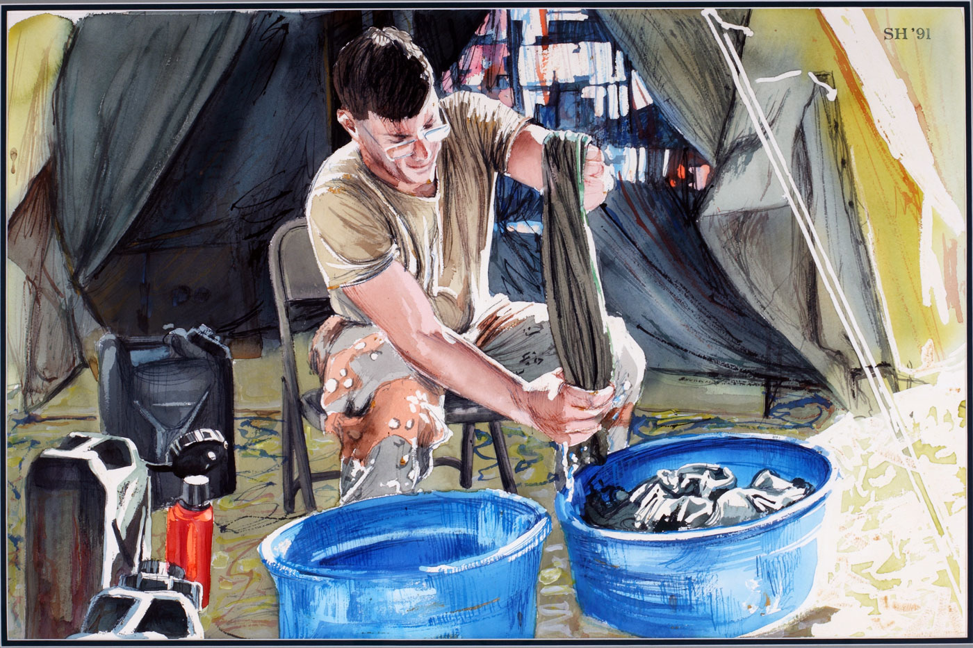 An Army artist drawing/painting of a Soldier doing laundry.