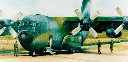 Oil, 12 x 24, 1995, by Sergeant. Manuszak. A C-130 is being checked over by its crew during a stop in Rwanda.