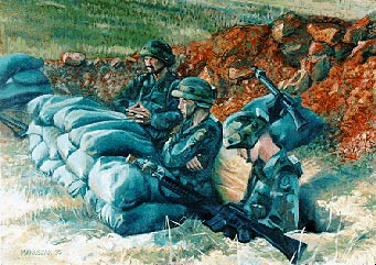 Oil, 18 x 24, 1995, by Sergeant. Manuszak. Portrays a visiting unit from Alaska at JRTC. Members of the unit are in a foxhole protecting their perimeter from the OPFOR (opposing forces).