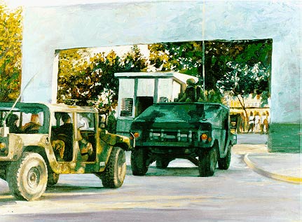 Oil, 16 x 20, 1995, by Sergeant. Manuszak. This painting captures HMMWV's getting ready to move out of the Industrial Compound in Port-au-Prince, Haiti.