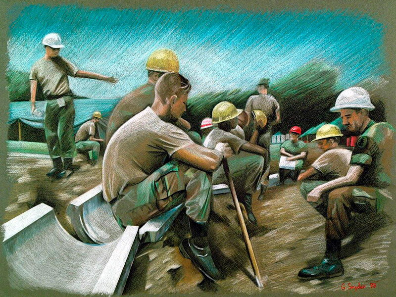 536 Engineers - Colored wax pencil, 18 x 24, 1994, by Sergeant. Snyder. Laying a drain during Operation Safehaven.