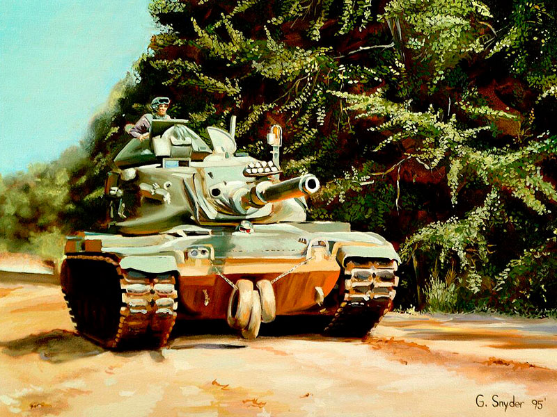 OPFOR - On The Move - Oil, 16 x 20, 1994, by Sergeant. Snyder. M60A1 on training maneuvers in Germany.