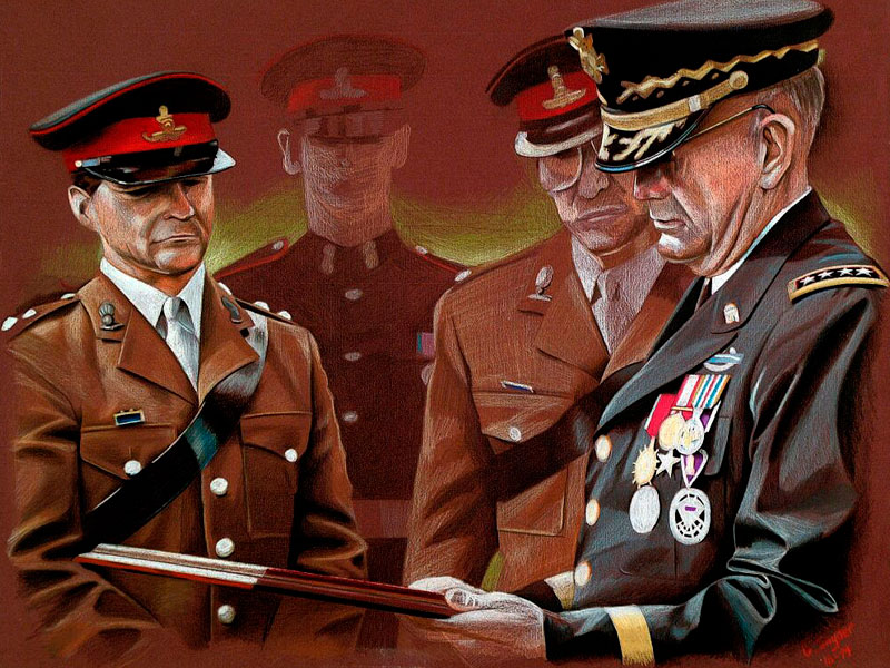 General Gordon R. Sullivan at Windsor Castle - Colored wax pencil, 18 x 24, 1994, by Sergeant. Snyder. General Gordon R. Sullivan and members of the Brandywine Unit at a presentation ceremony at Windsor Castle.