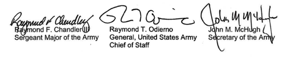 Signatures from the Sergeant Major of the Army, Secretary of the Army, and General, United States Army Chief of Staff