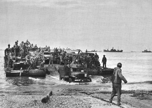 Rhino ferry discharging men and supplies on a Normandy beach